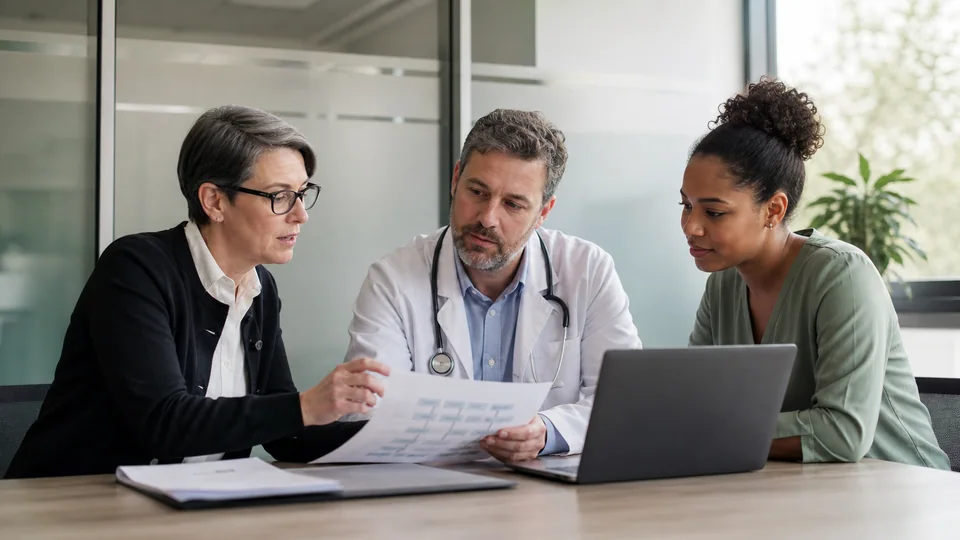 Clinic team reviewing a workflow together