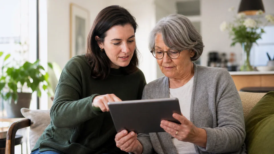 Caregiver helping someone use a digital health service