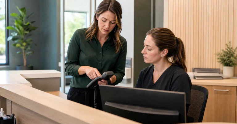 Clinic team testing an AI receptionist handoff | Équipe clinique testant le transfert d’un accueil téléphonique par IA