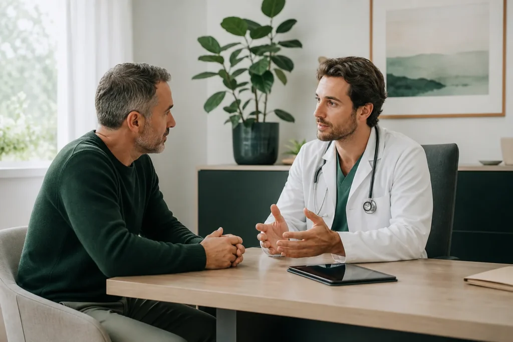 Physician discussing AI scribe consent with a patient | Médecin discutant du consentement à un scribe IA avec une patiente