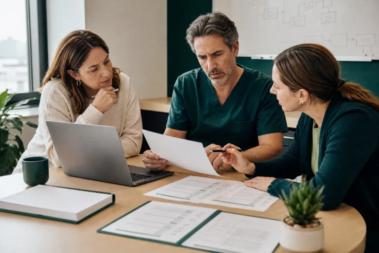 Clinic team evaluating an AI scribe vendor pilot | Équipe clinique évaluant un projet pilote de scribe IA