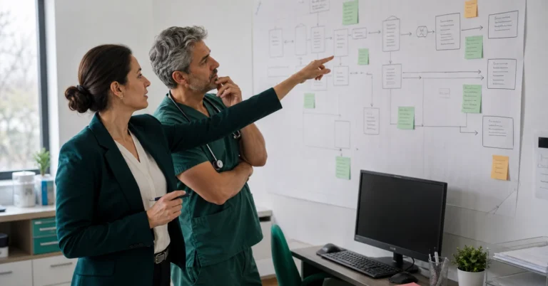 Consultant and physician diagnosing an EMR workflow | Consultante et médecin analysant un flux de travail du DME