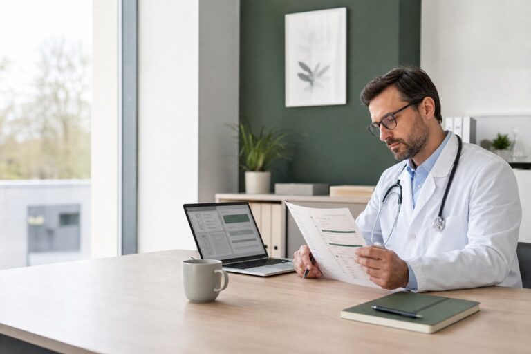 Physician reviewing an AI scribe workflow in a clinic